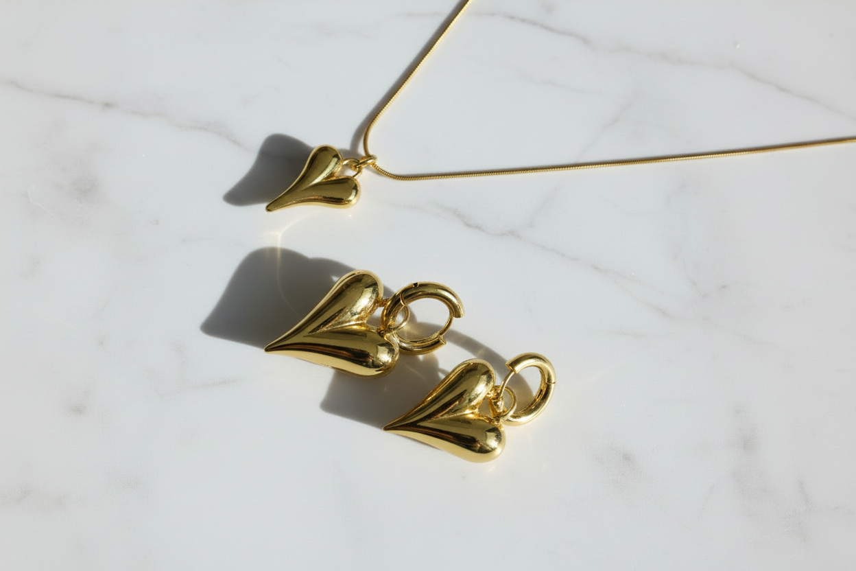 Anti-Tarnish Heart Chain with Earrings Set everyday wear Waterproof Durability