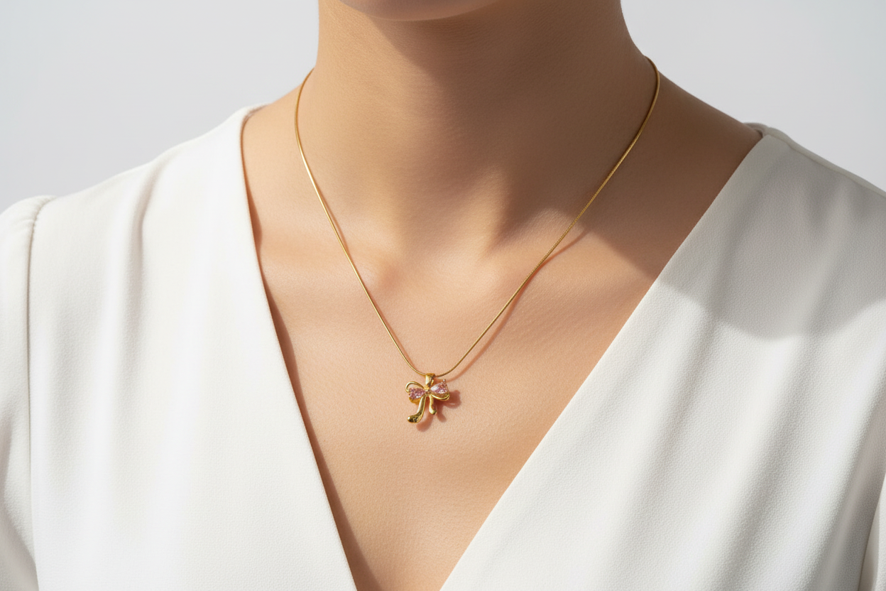 Anti-tarnish high quality small bow Pendant with pink stone
