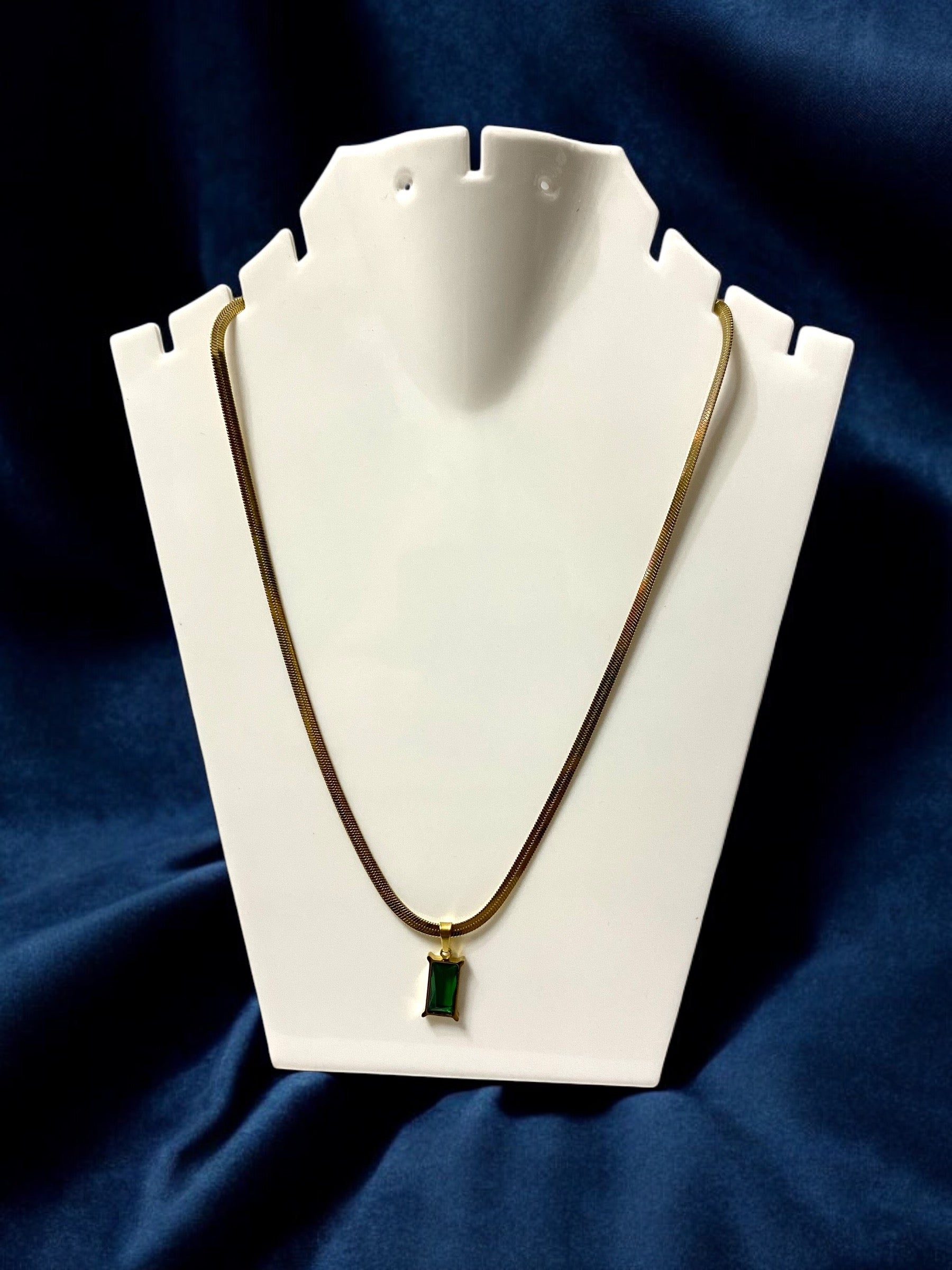 Green Emerald Anti-Tarnish Gold Plated Stainless Steel Flat Snake Chain Necklace