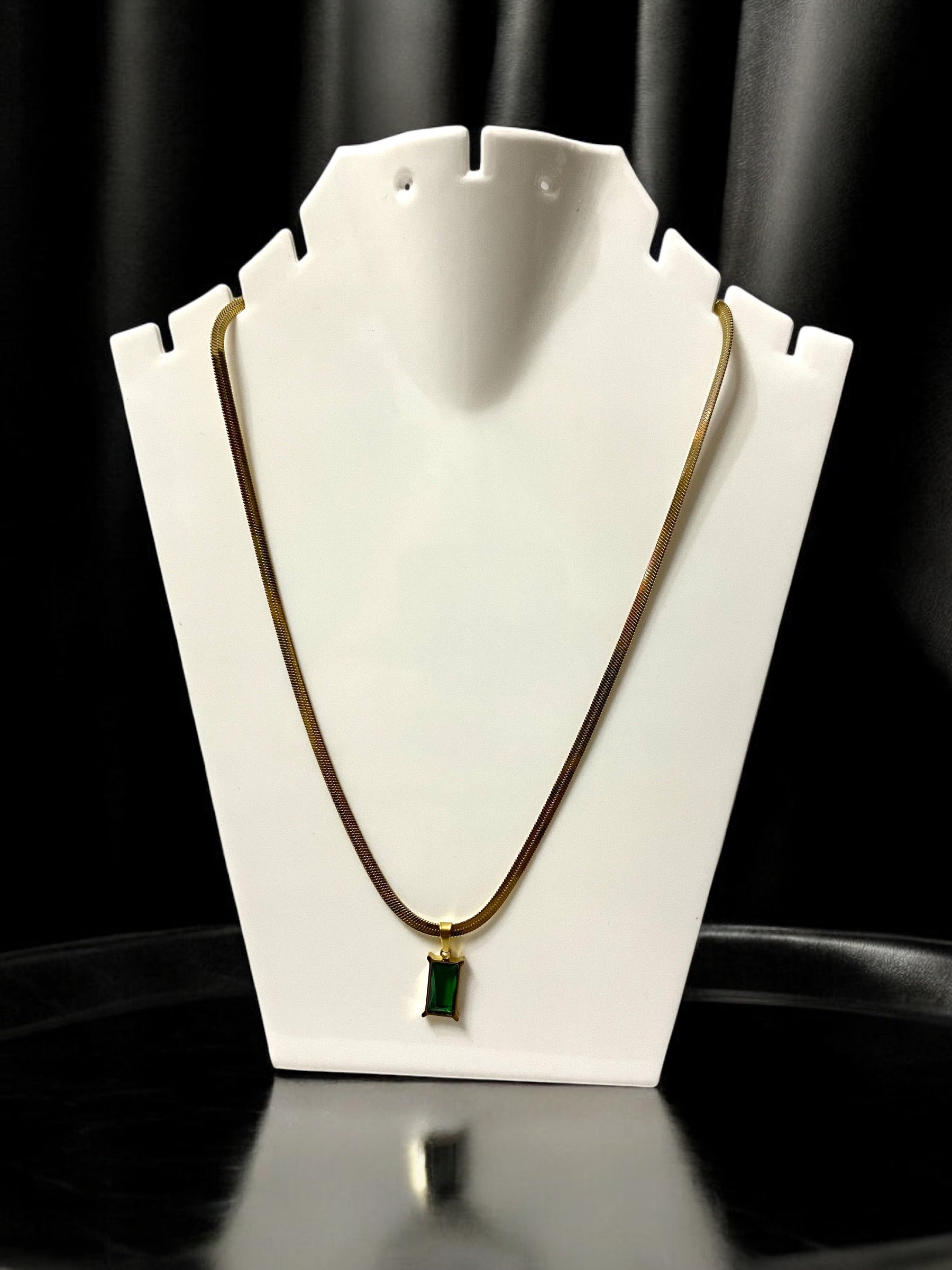 Green Emerald Anti-Tarnish Gold Plated Stainless Steel Flat Snake Chain Necklace