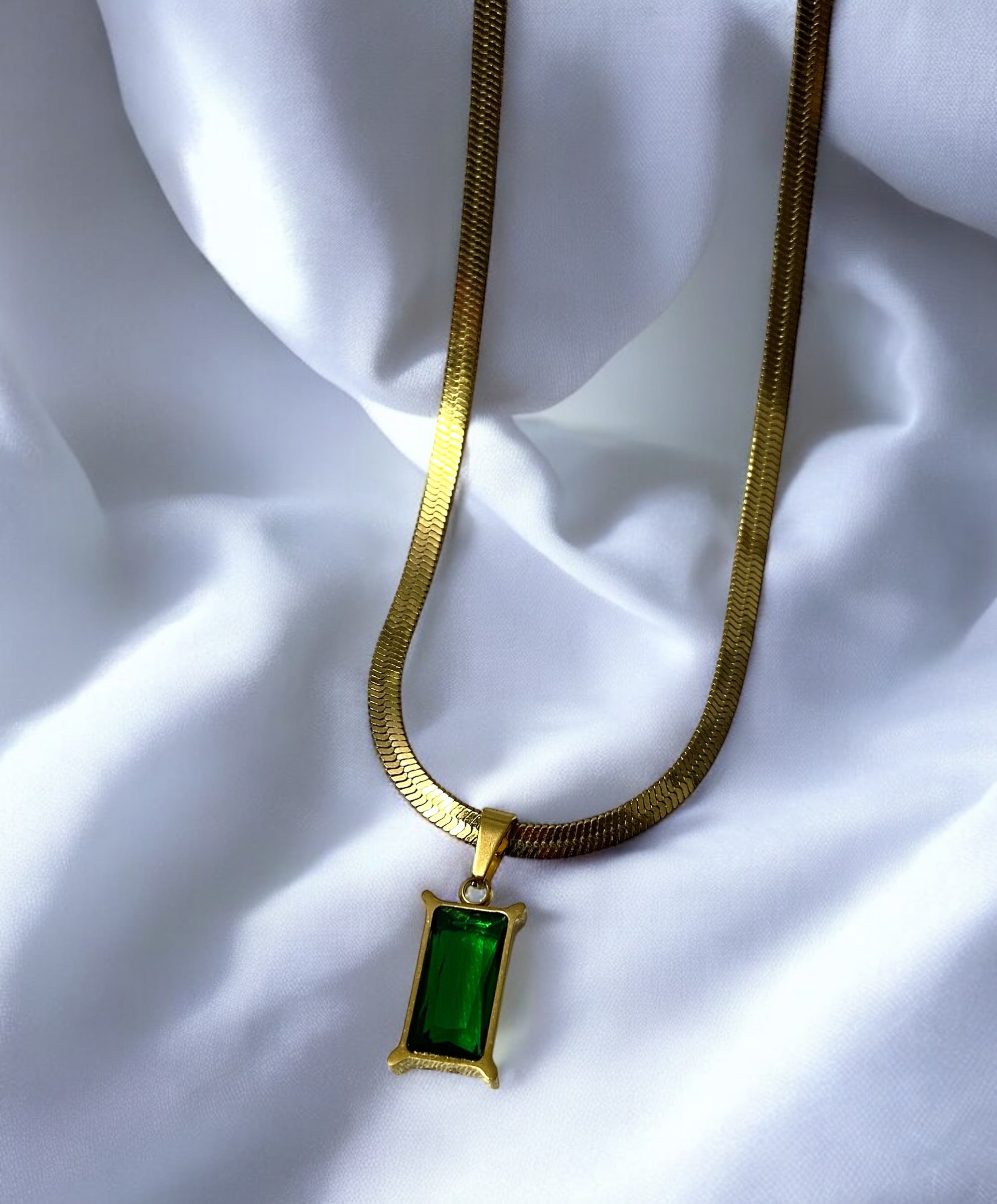 Green Emerald Anti-Tarnish Gold Plated Stainless Steel Flat Snake Chain Necklace