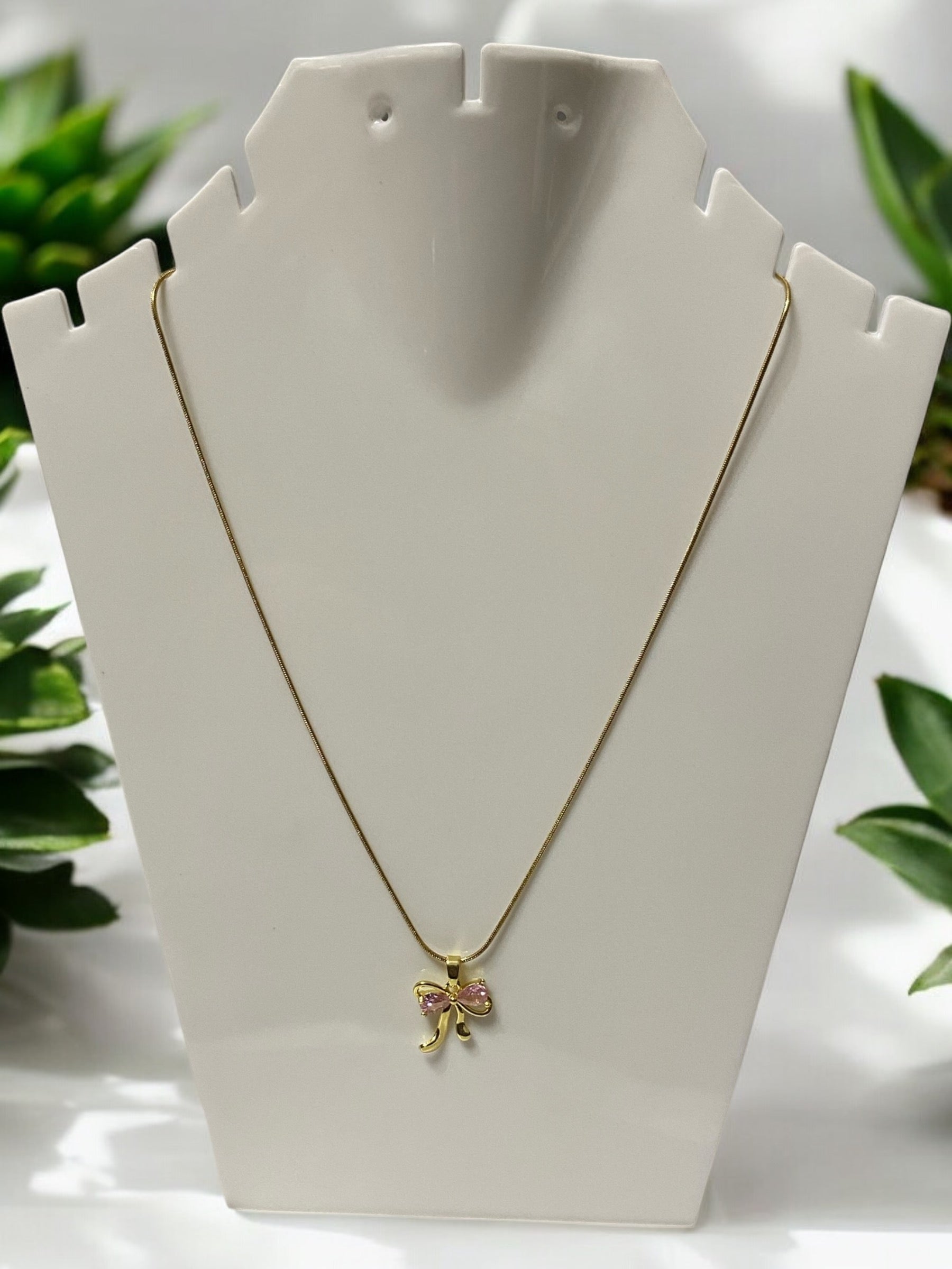 Anti-tarnish high quality small bow Pendant with pink stone