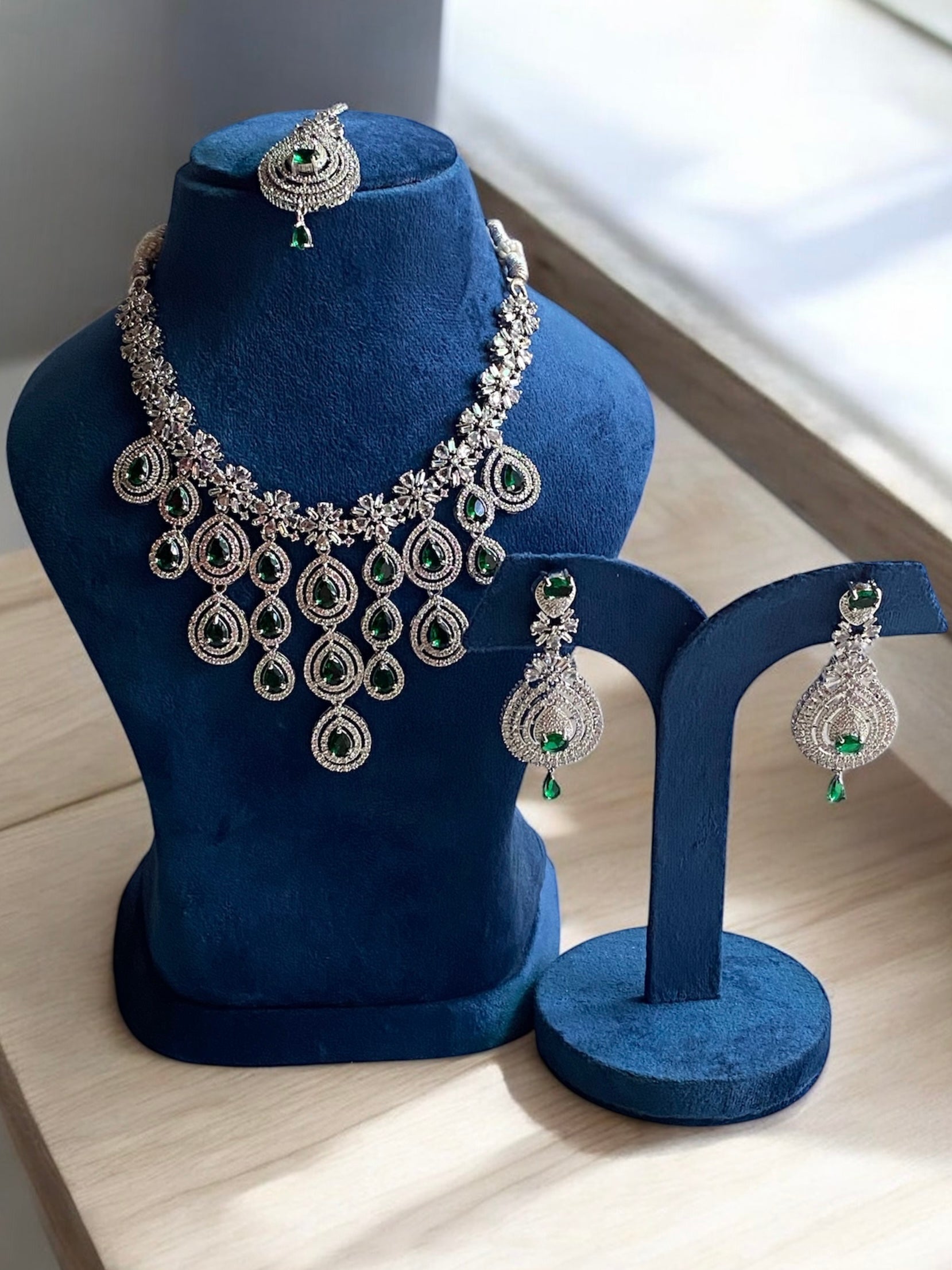 Elegant Designer American Diamond Jhallar Necklace in White, Earrings, Mangtika, and Bangles Set – A Complete Bridal Jewelry Ensemble