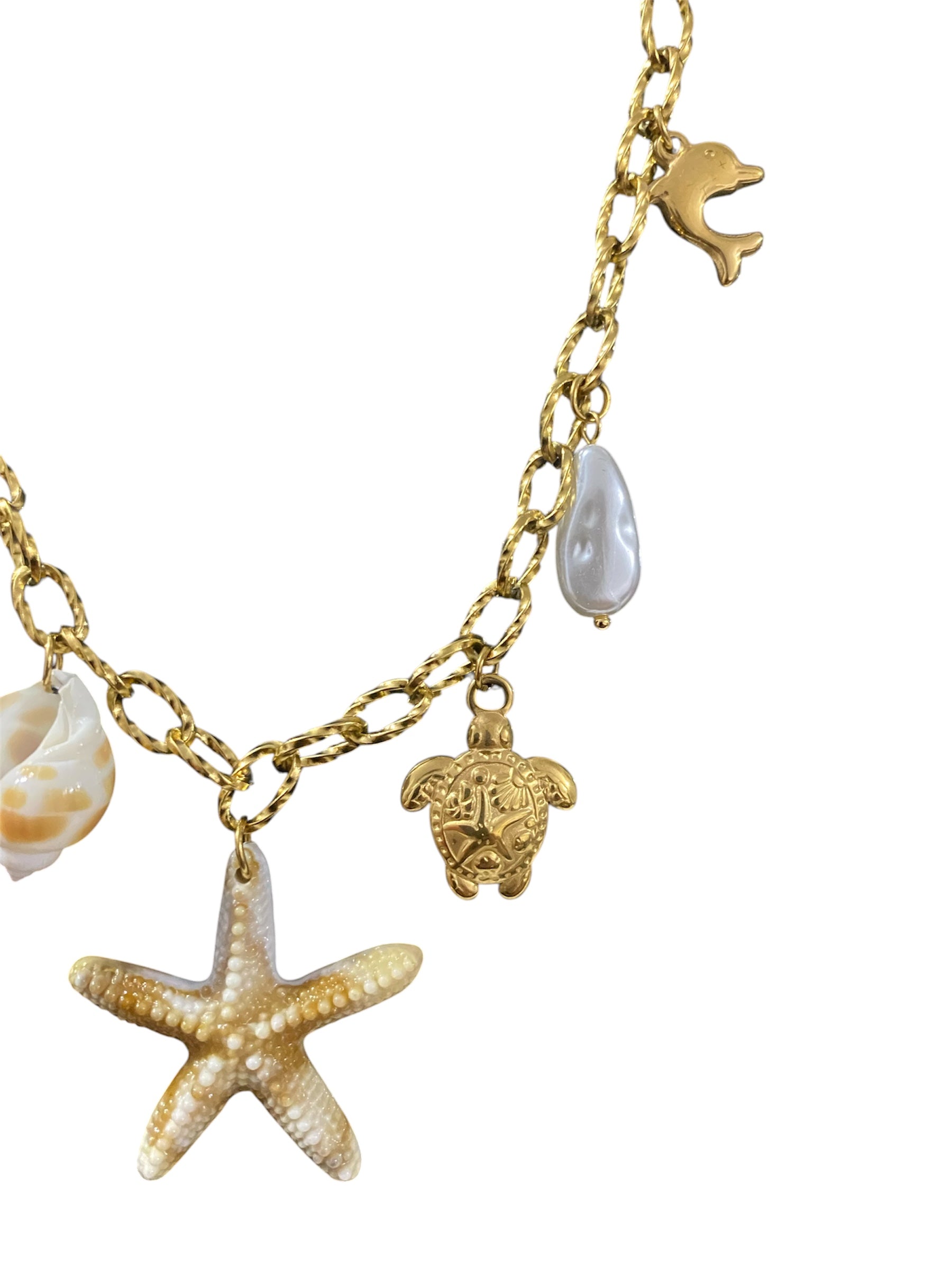 18K Gold Plated Anti-Tarnish Beach Charm Pendant Necklace | Ocean-Inspired Starfish & Shell Design | Trendy Summer Jewelry
