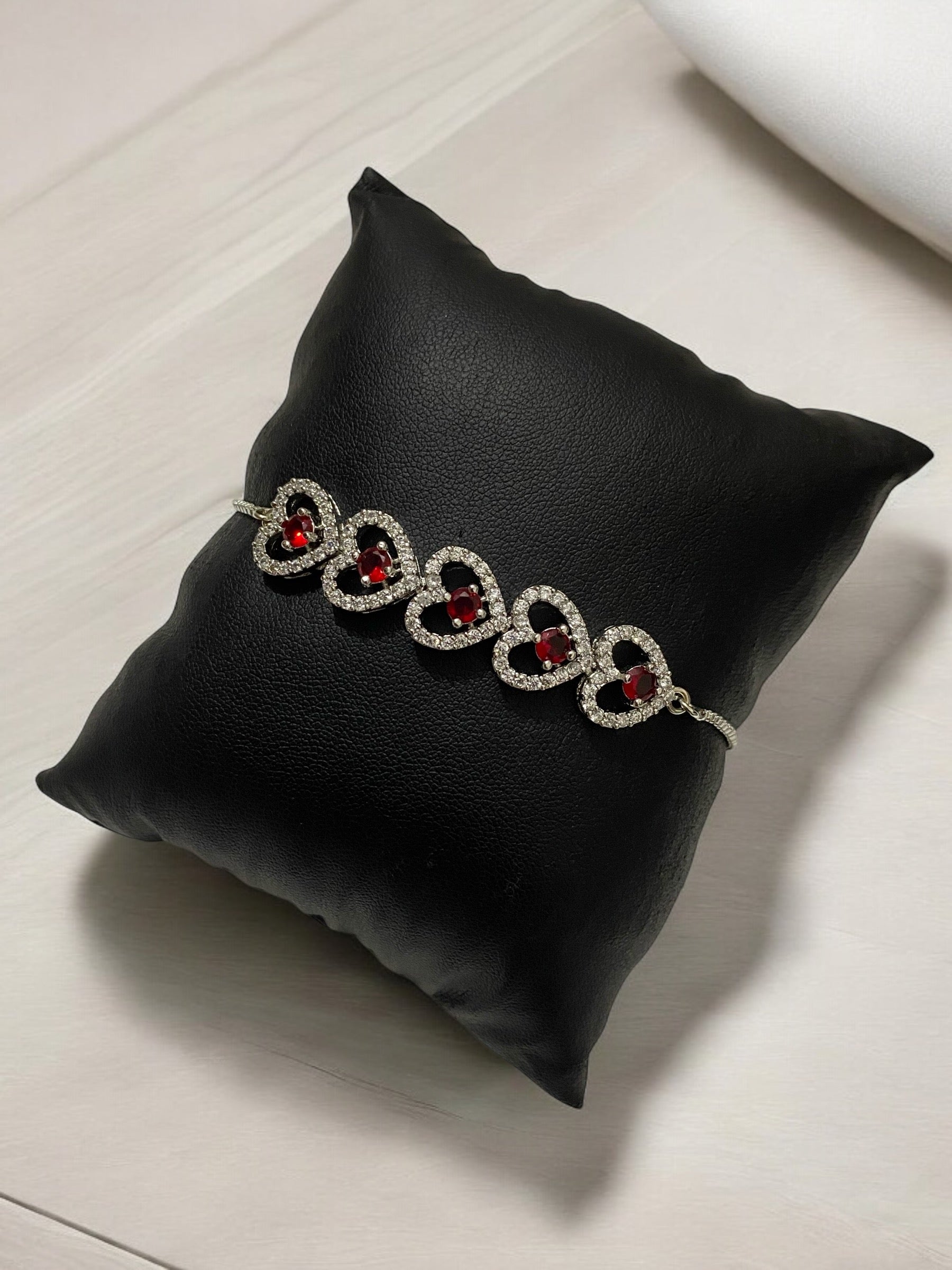 Charming Adjustable Chain Bracelet with Heart Design, American Diamonds, Pearls, and Maroon Stone