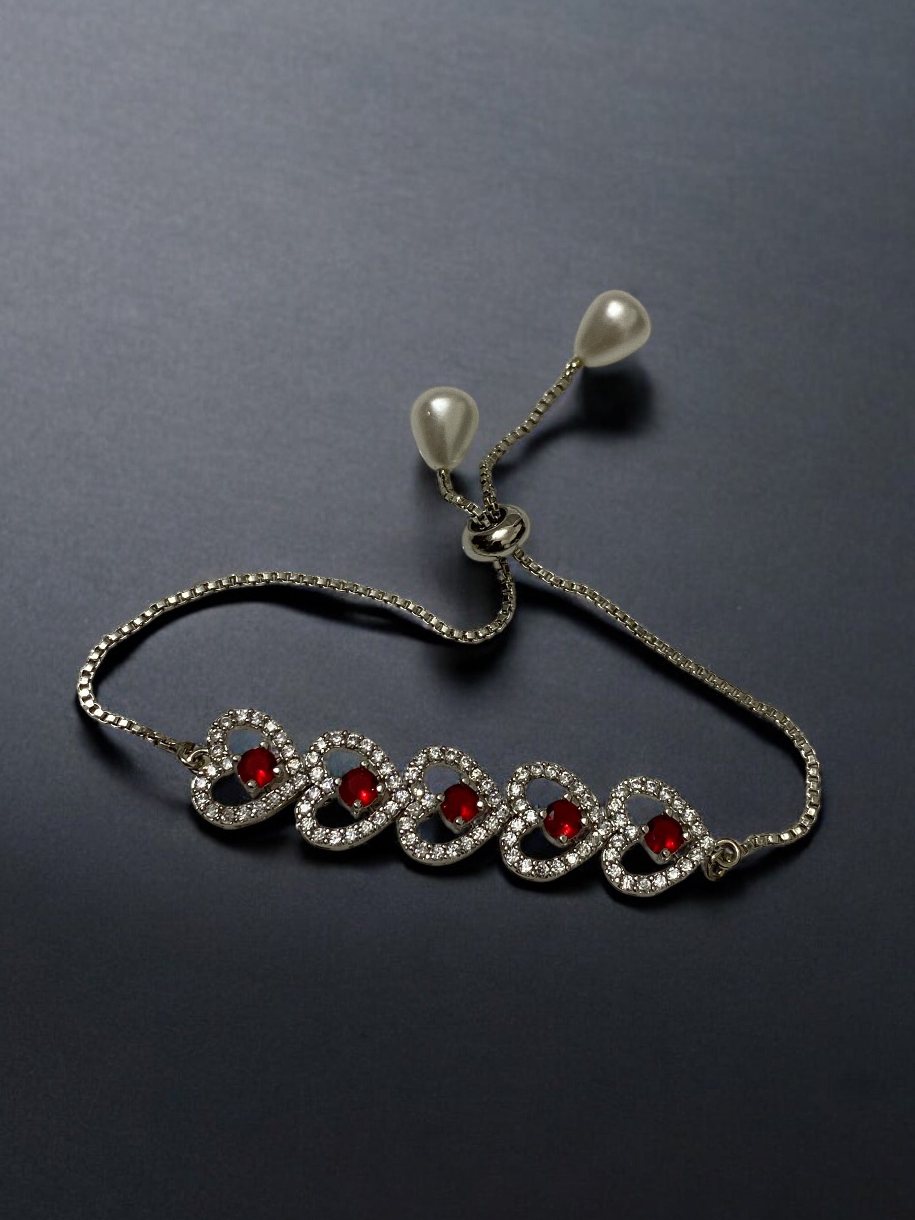 Charming Adjustable Chain Bracelet with Heart Design, American Diamonds, Pearls, and Maroon Stone